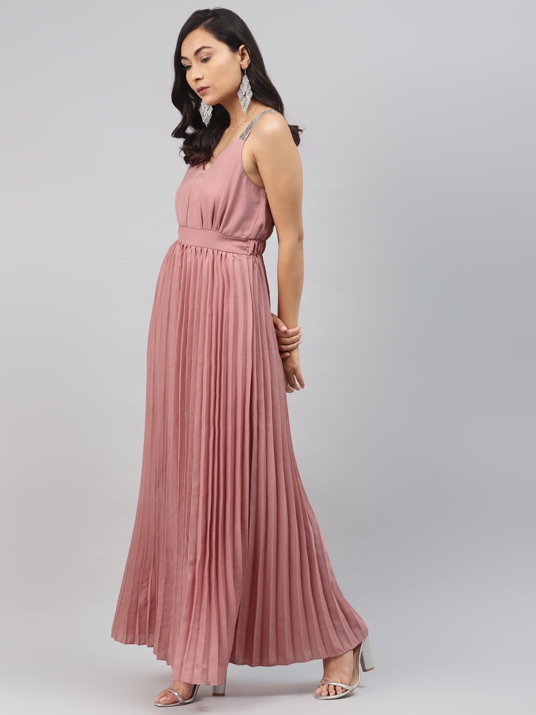 Women's Pink Sequin Straps Pleated Maxi Dress - SASSAFRAS