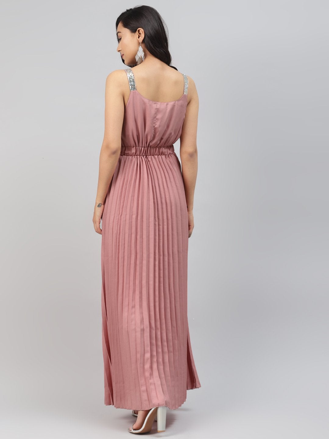 Women's Pink Sequin Straps Pleated Maxi Dress - SASSAFRAS