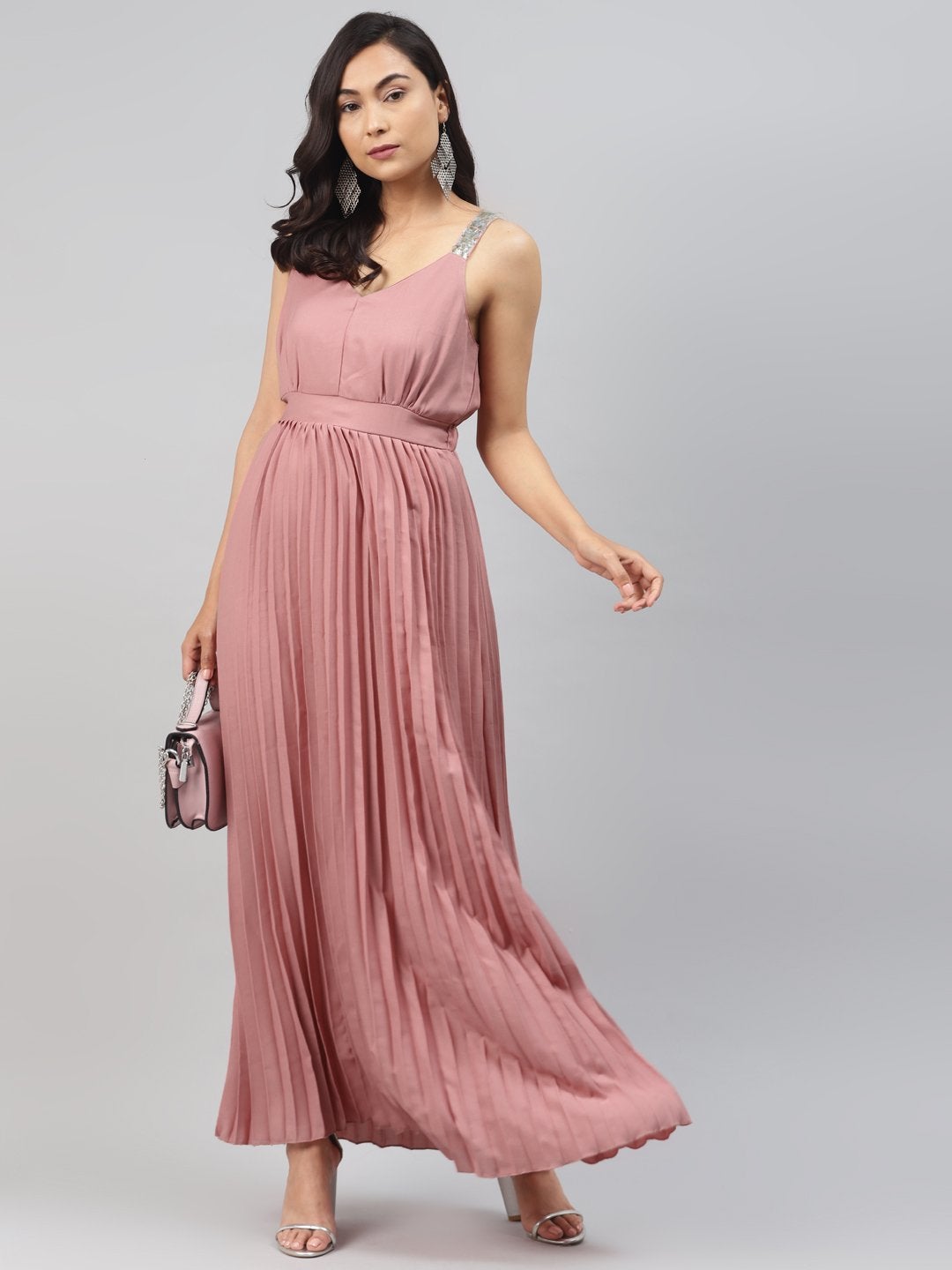 Women's Pink Sequin Straps Pleated Maxi Dress - SASSAFRAS