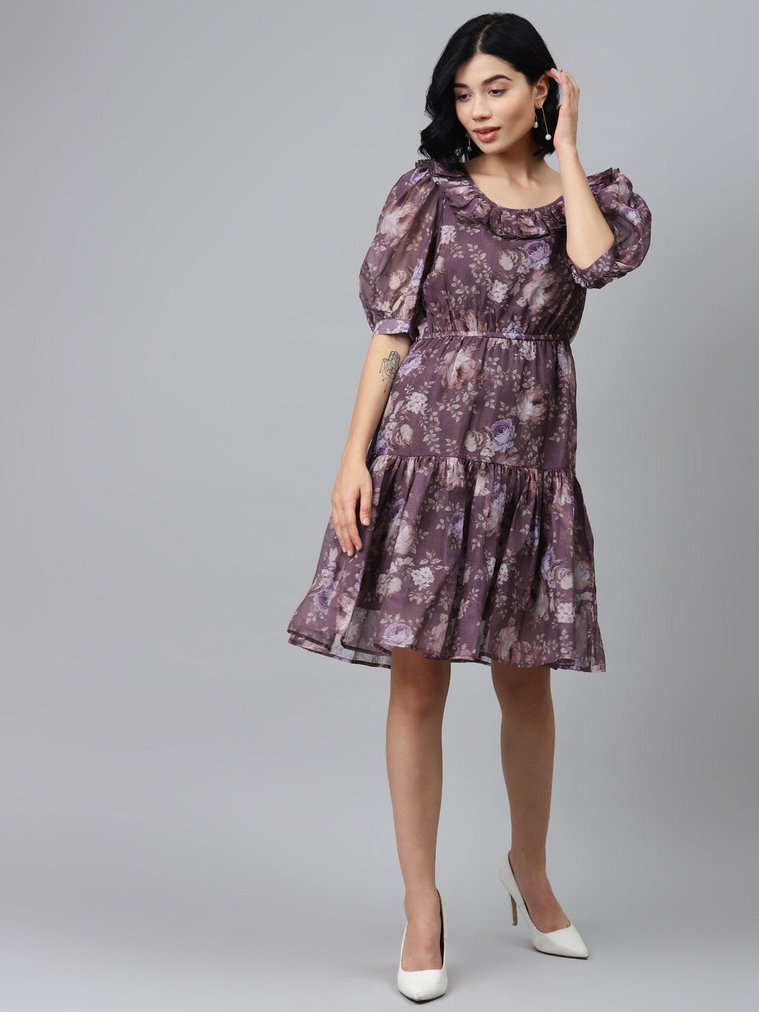 Women's Mauve Floral Puff Sleeve Tiered Dress - SASSAFRAS