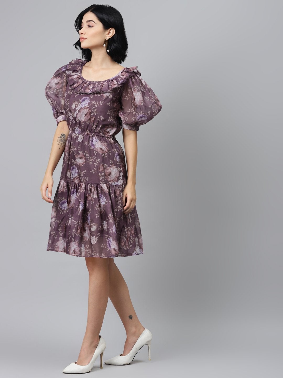 Women's Mauve Floral Puff Sleeve Tiered Dress - SASSAFRAS