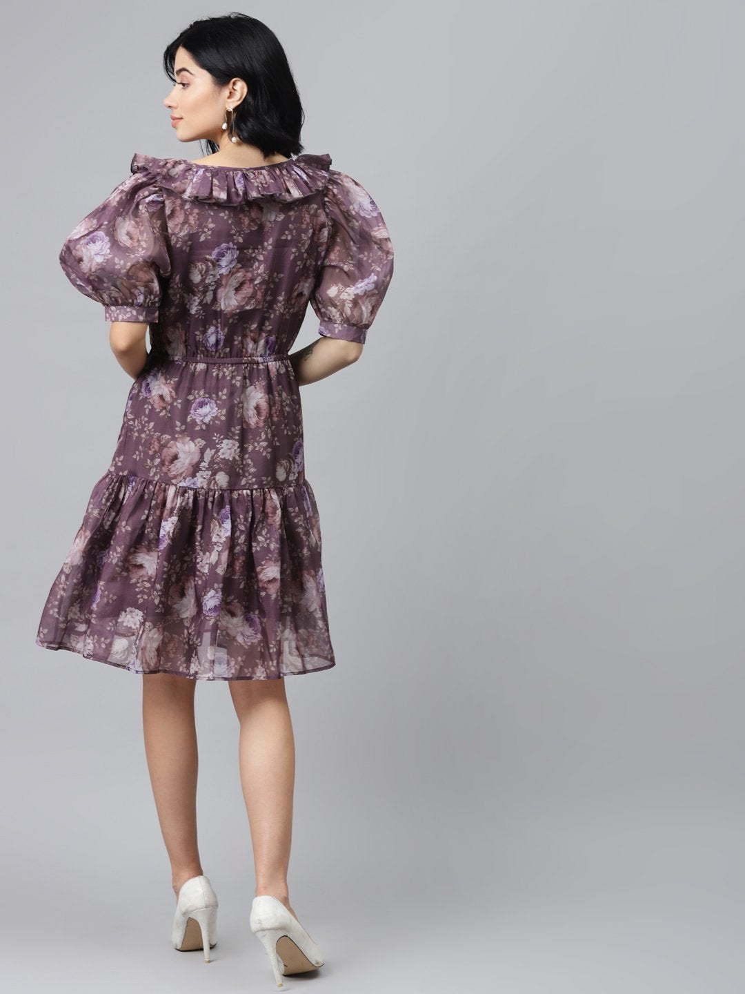 Women's Mauve Floral Puff Sleeve Tiered Dress - SASSAFRAS