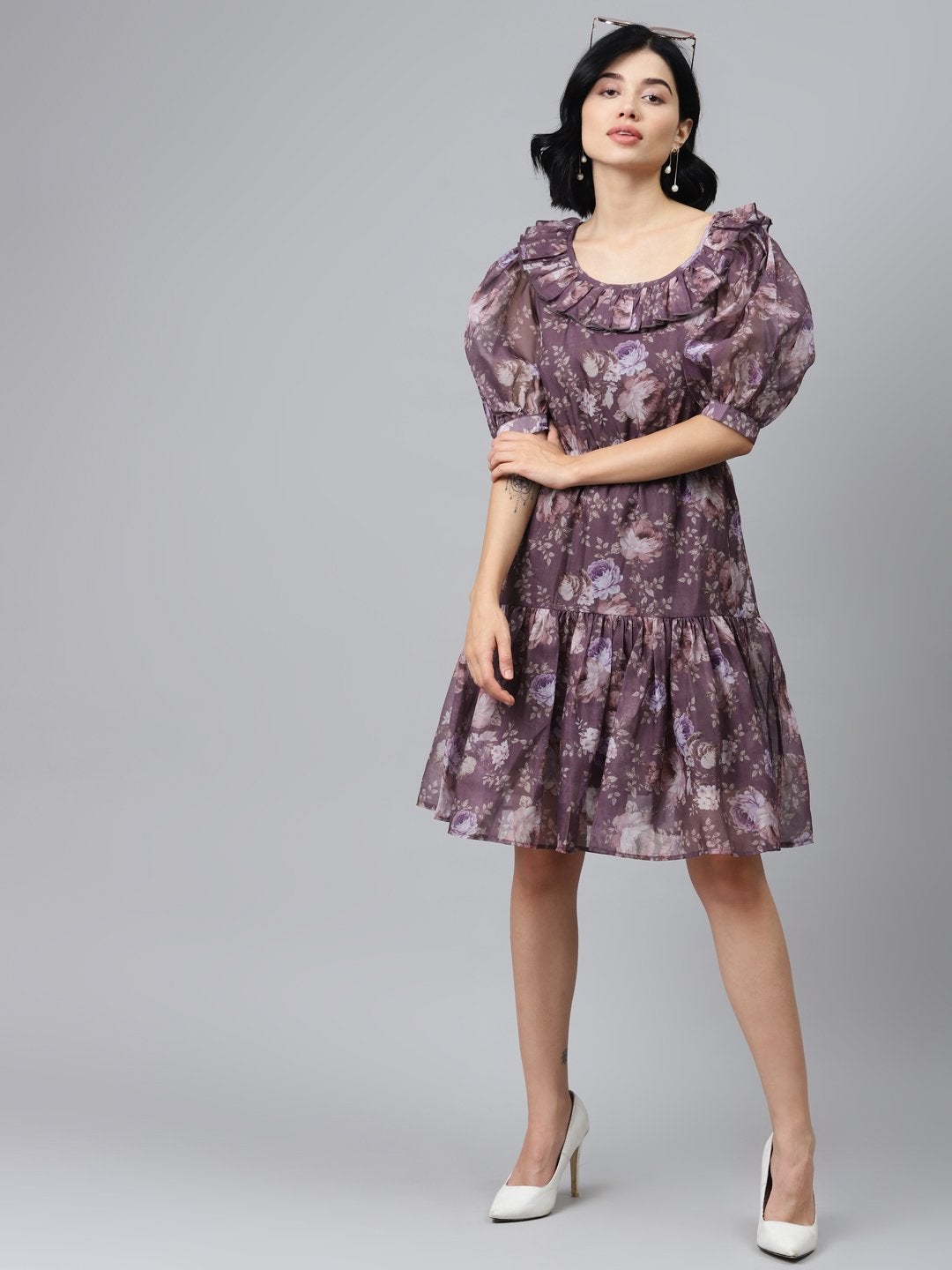 Women's Mauve Floral Puff Sleeve Tiered Dress - SASSAFRAS