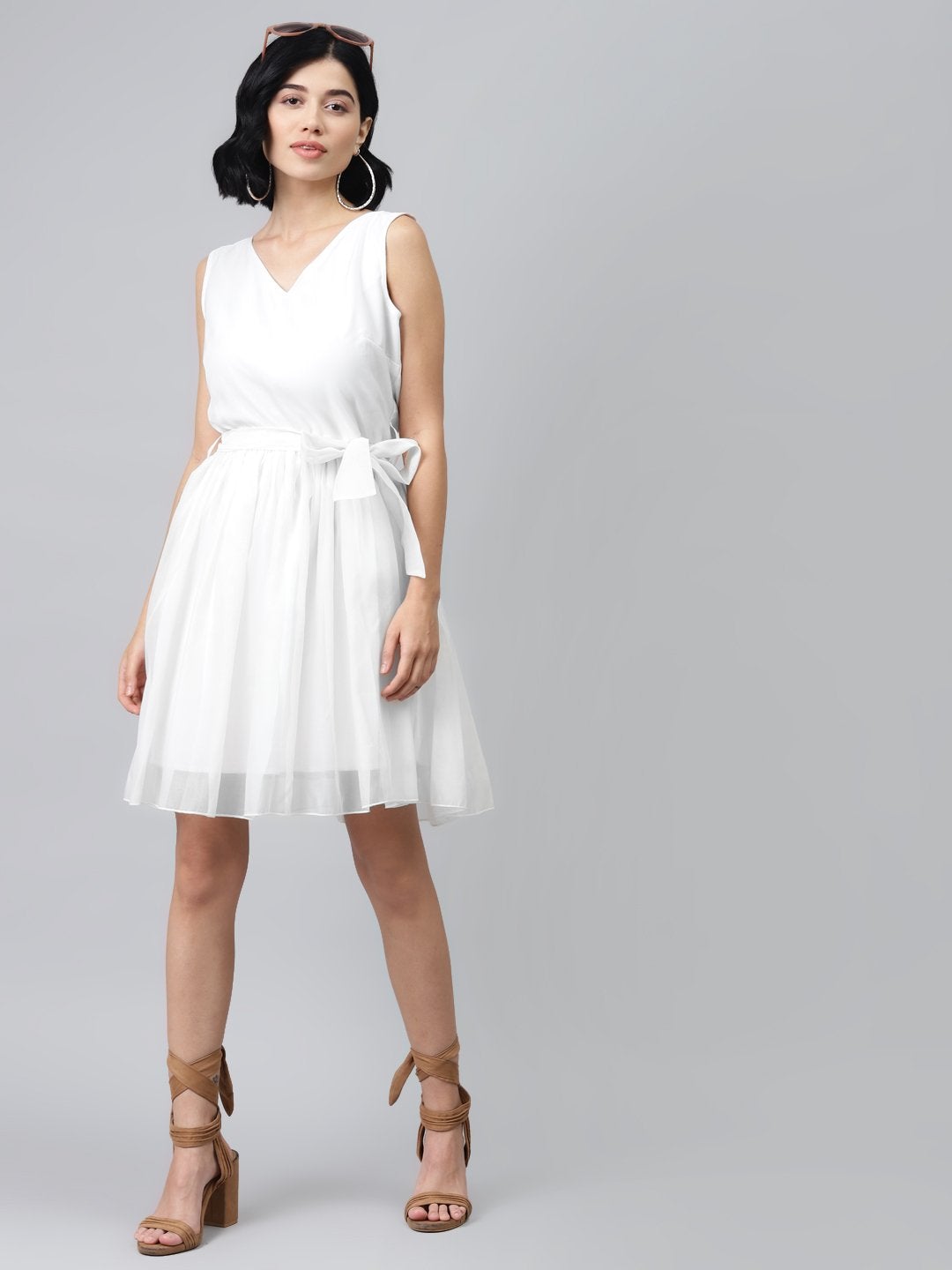 Women's Off-White Sleeveless Belted Mini Dress - SASSAFRAS