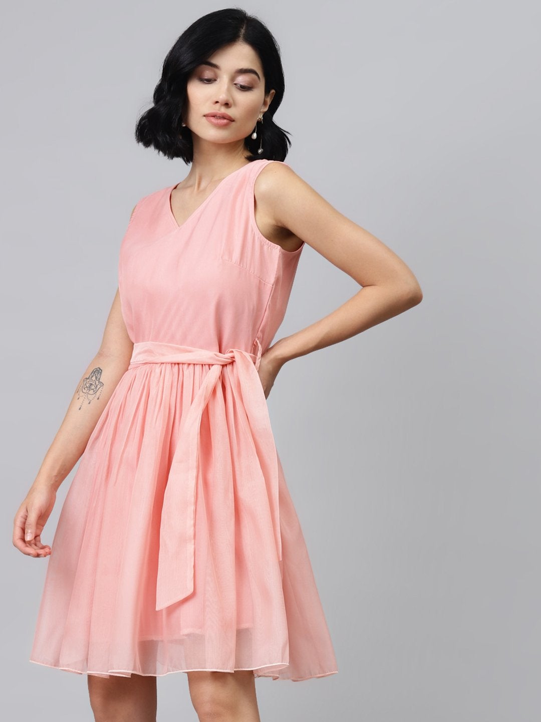 Women's Pastel Pink Sleevelees Belted Mini Dress - SASSAFRAS