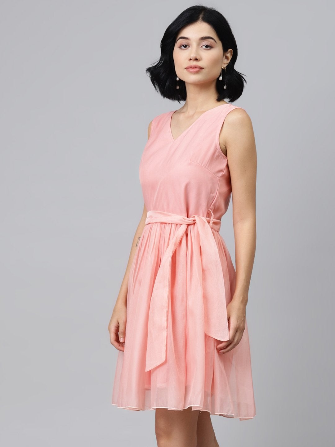 Women's Pastel Pink Sleevelees Belted Mini Dress - SASSAFRAS