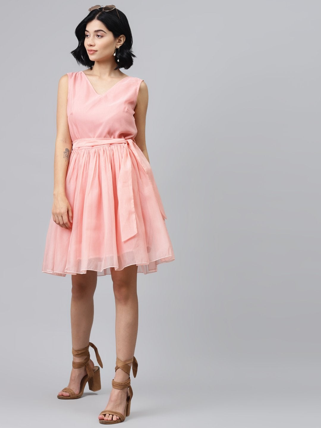 Women's Pastel Pink Sleevelees Belted Mini Dress - SASSAFRAS