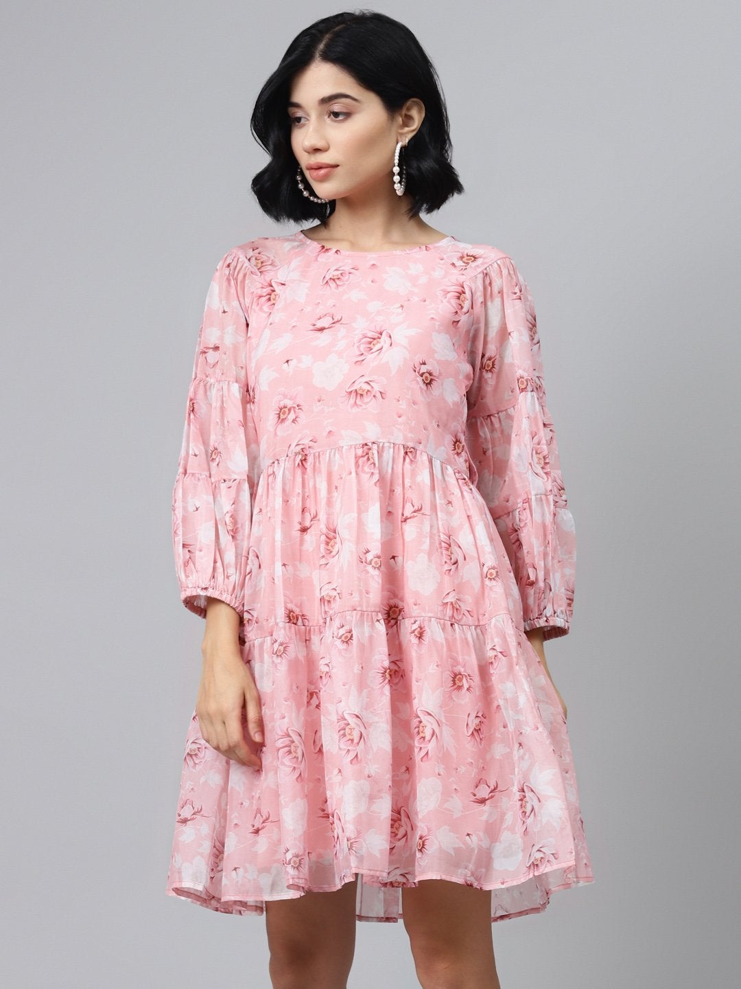 Women's Pink Floral Drop Shoulder Tiered Dress - SASSAFRAS