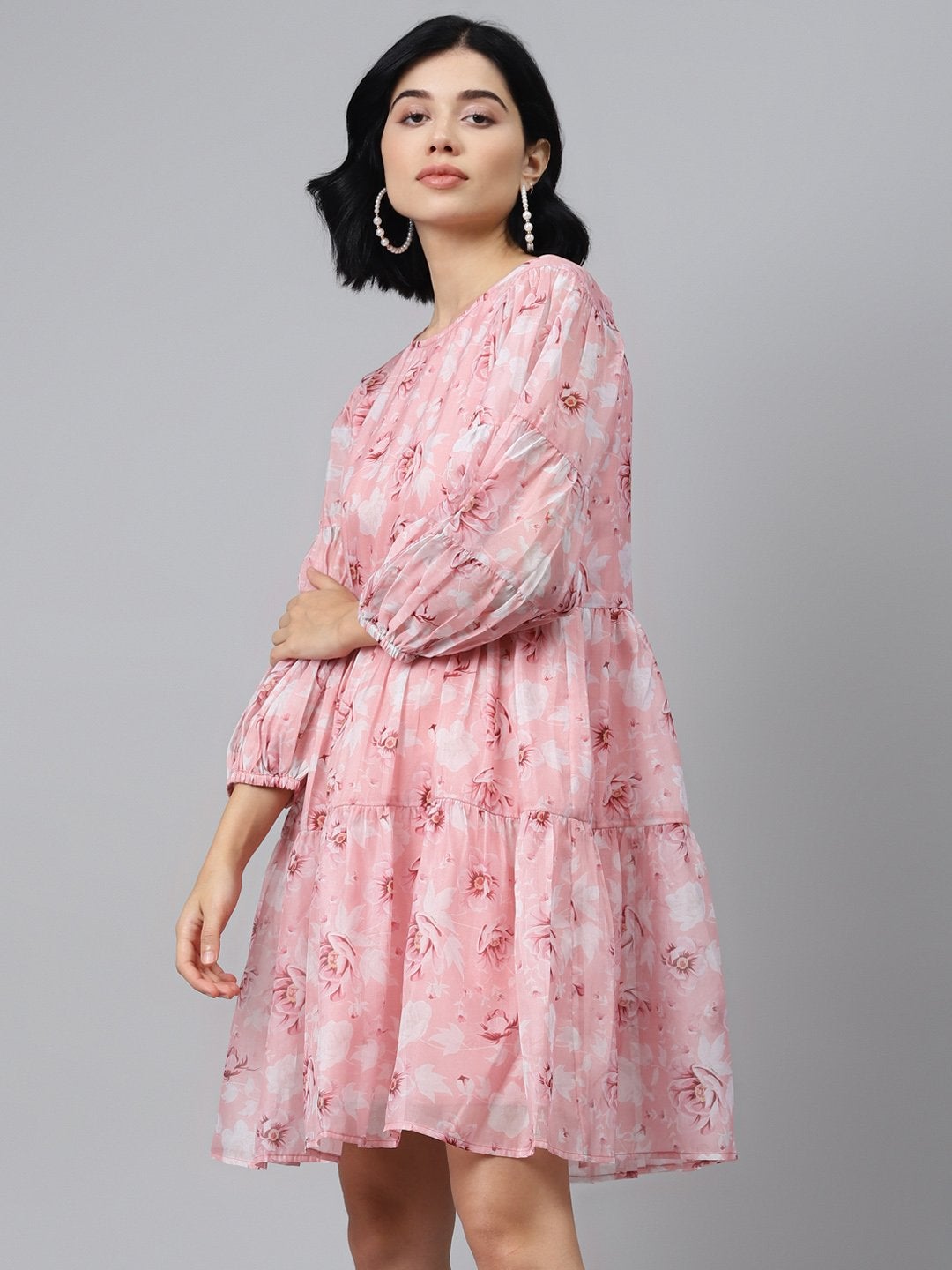 Women's Pink Floral Drop Shoulder Tiered Dress - SASSAFRAS