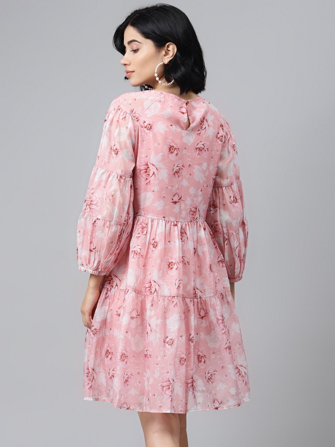 Women's Pink Floral Drop Shoulder Tiered Dress - SASSAFRAS