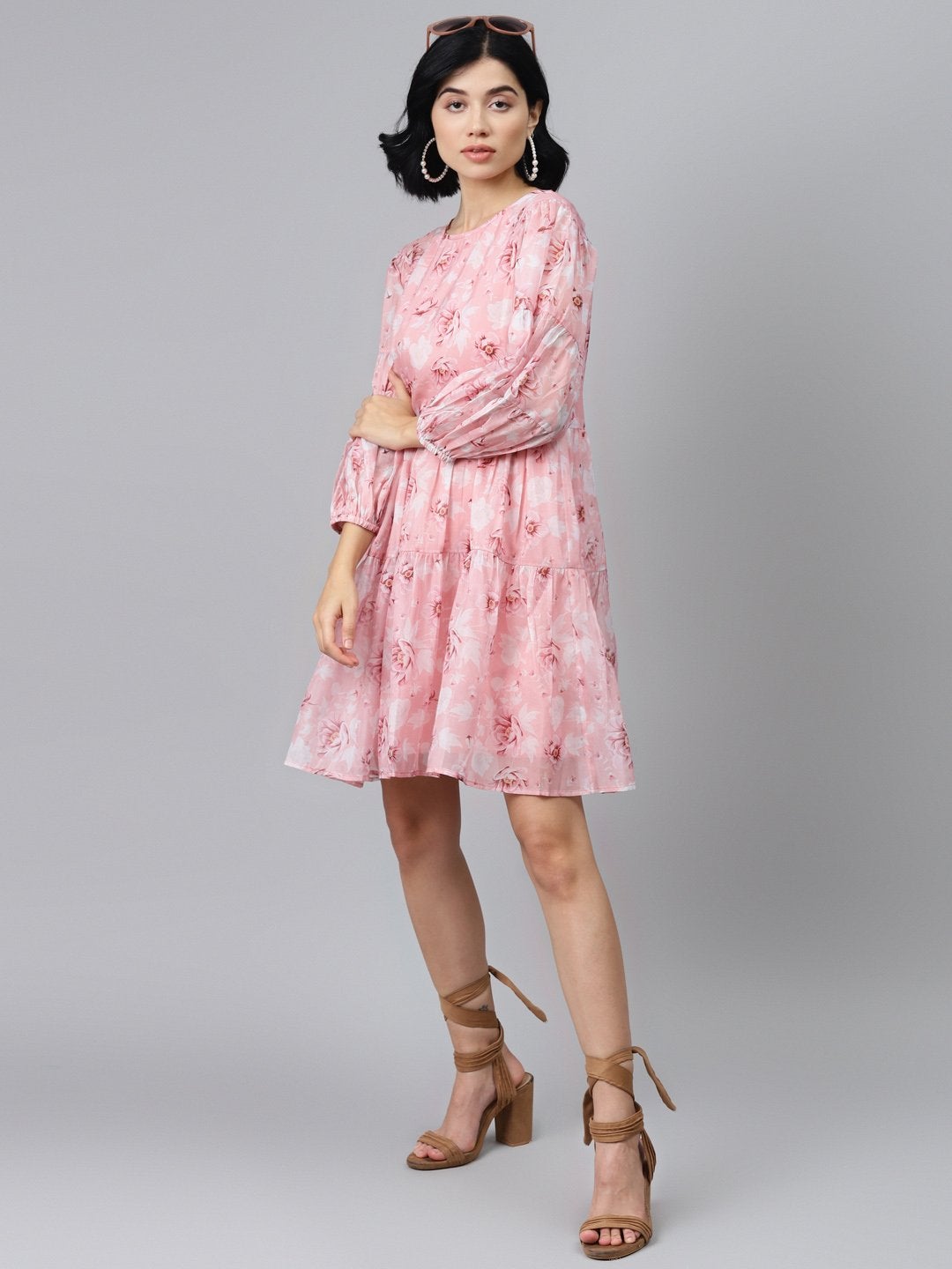 Women's Pink Floral Drop Shoulder Tiered Dress - SASSAFRAS