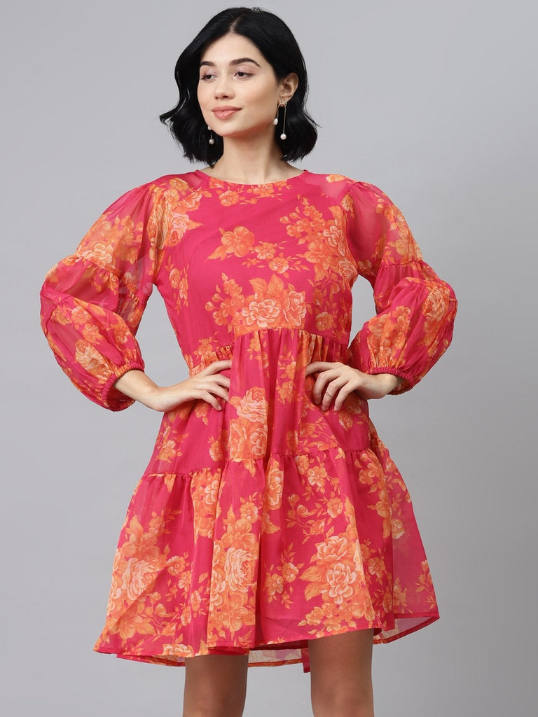 Women's Fuchsia Floral Drop Shoulder Tiered Dress