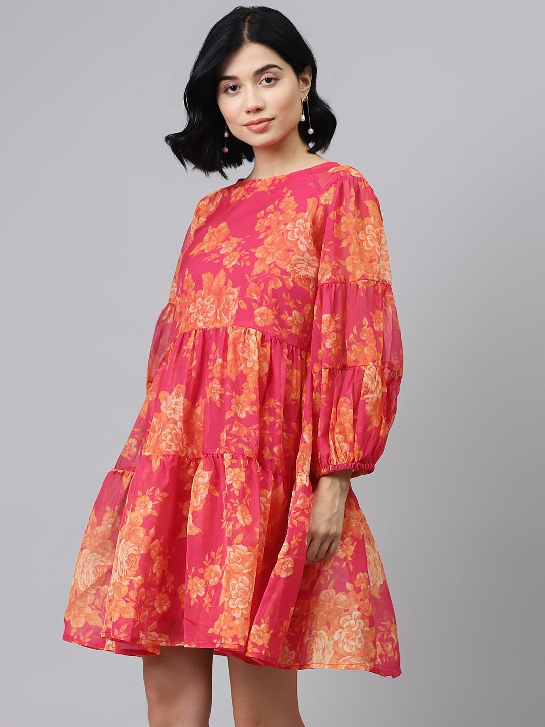 Women's Fuchsia Floral Drop Shoulder Tiered Dress - SASSAFRAS