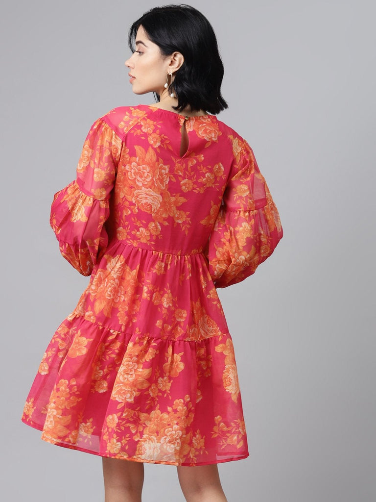 Women's Fuchsia Floral Drop Shoulder Tiered Dress
