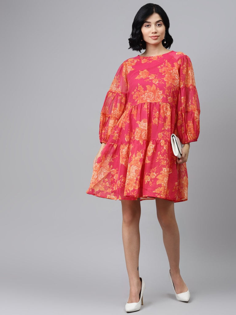 Women's Fuchsia Floral Drop Shoulder Tiered Dress