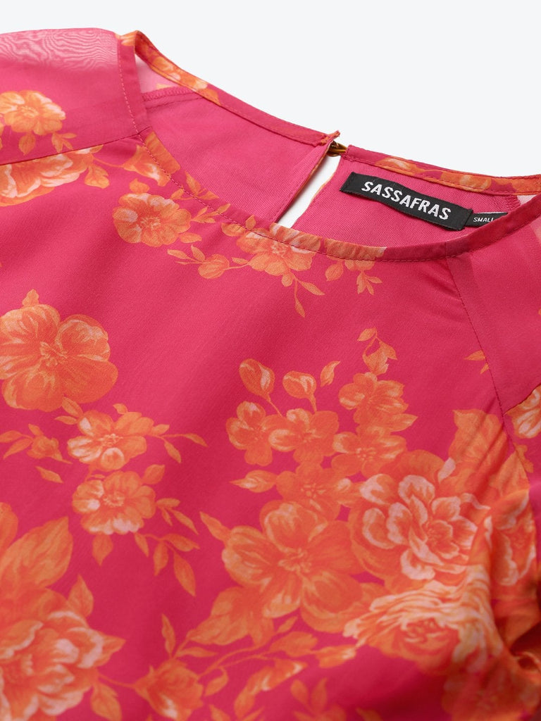 Women's Fuchsia Floral Drop Shoulder Tiered Dress