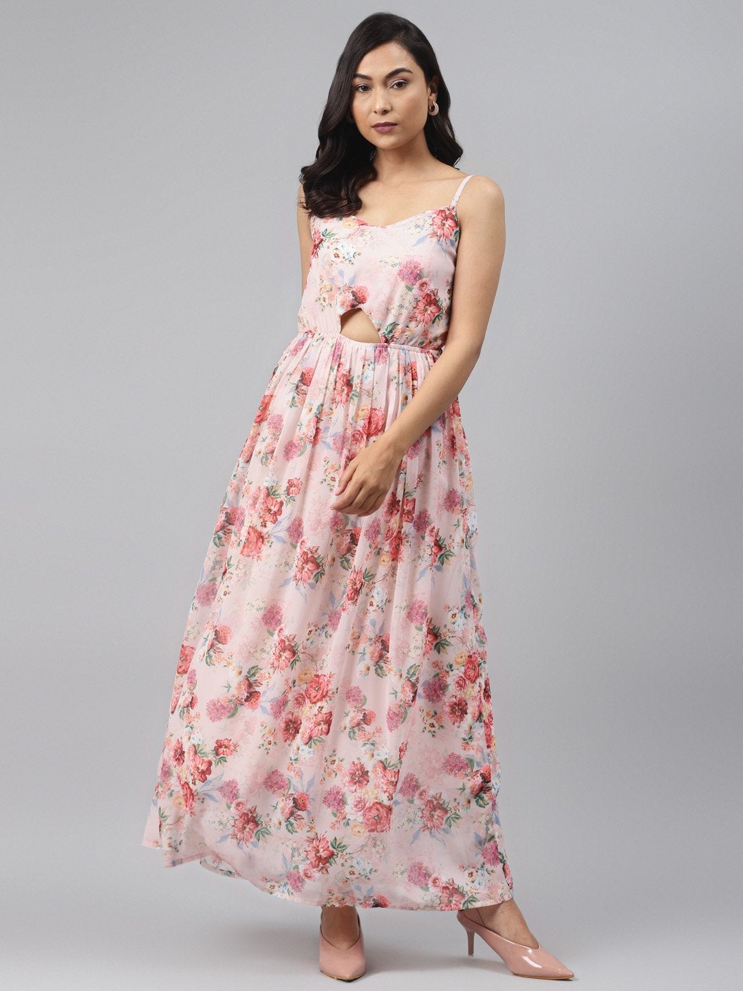 Women's Peach Floral Front Cut Out Maxi Dress - SASSAFRAS