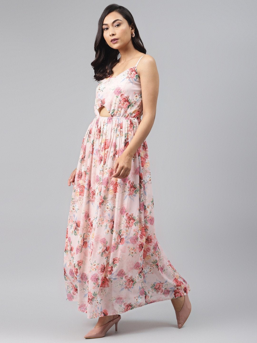 Women's Peach Floral Front Cut Out Maxi Dress - SASSAFRAS