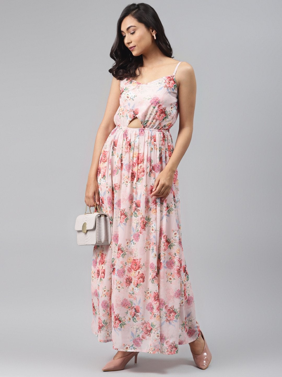 Women's Peach Floral Front Cut Out Maxi Dress - SASSAFRAS