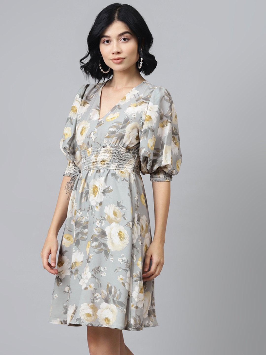 Women's Grey Floral Puff Sleeve Smocked Dress - SASSAFRAS