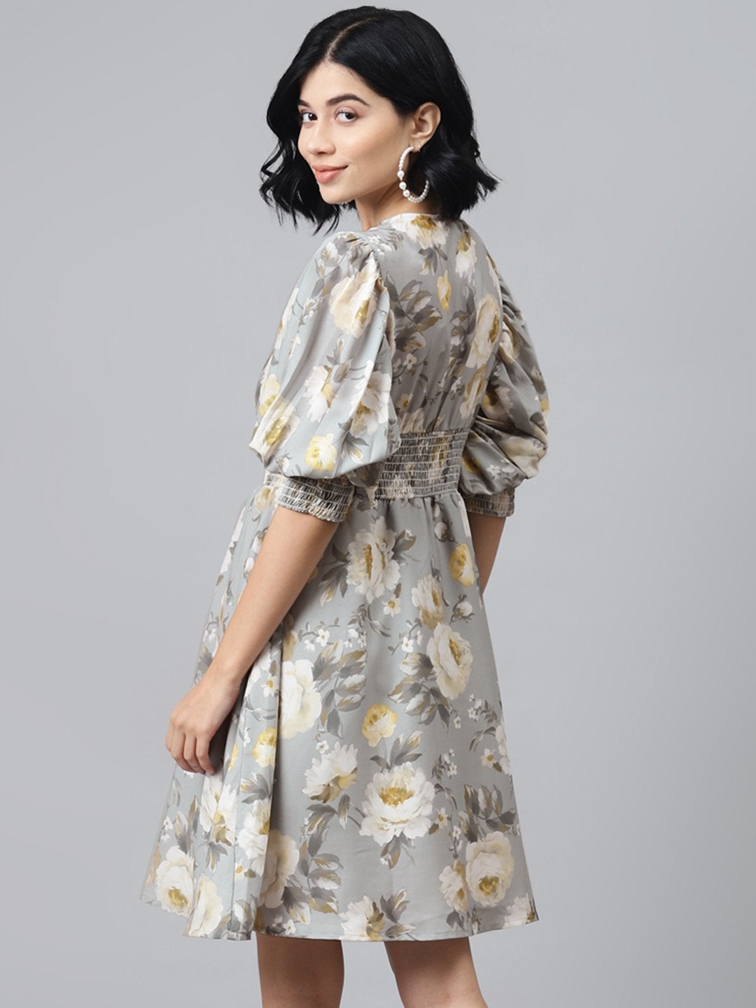 Women's Grey Floral Puff Sleeve Smocked Dress - SASSAFRAS