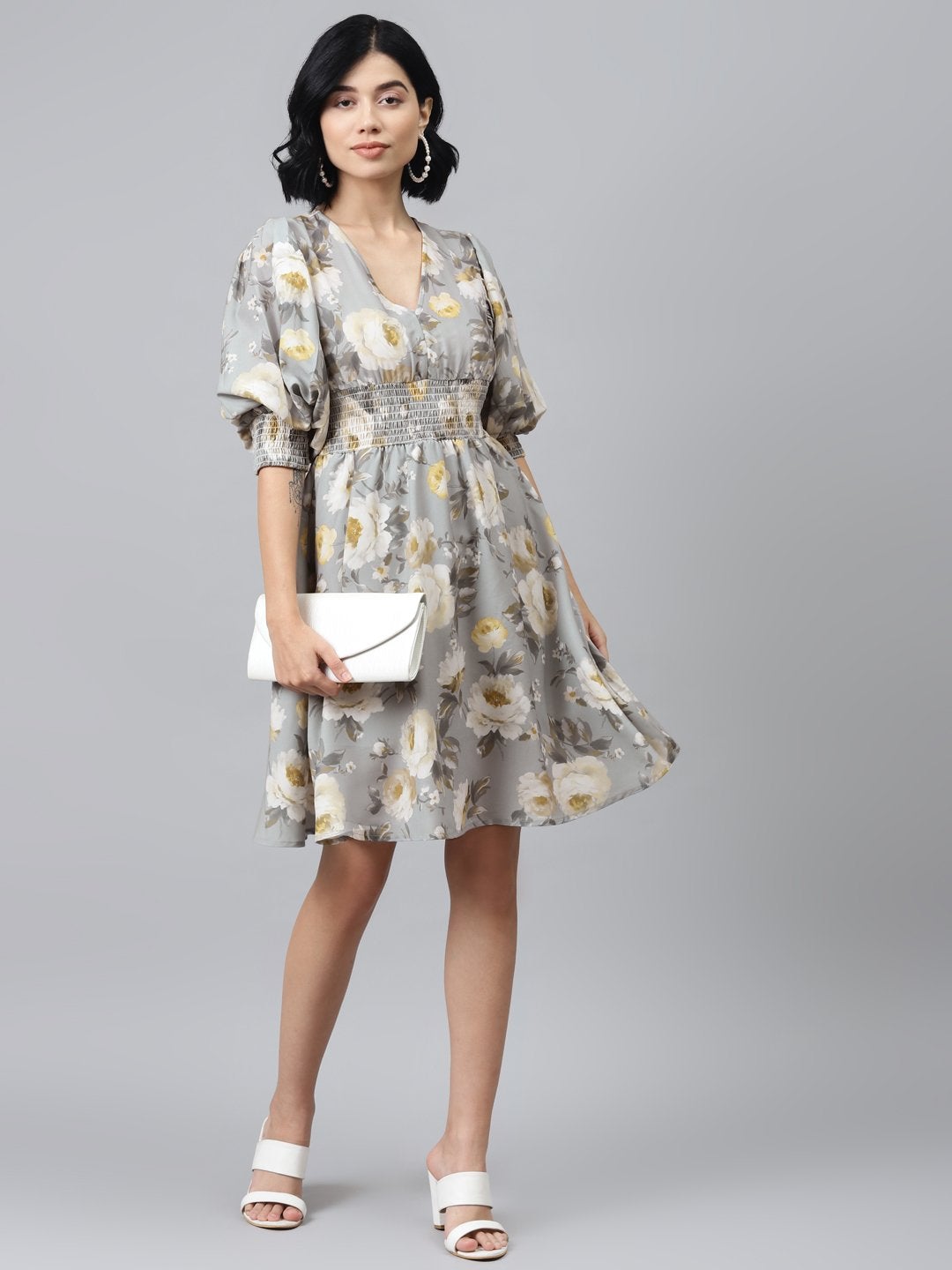 Women's Grey Floral Puff Sleeve Smocked Dress - SASSAFRAS