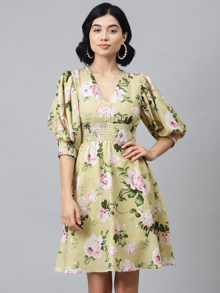 Women's Mint Green Floral Puff Sleeve Smocked Dress