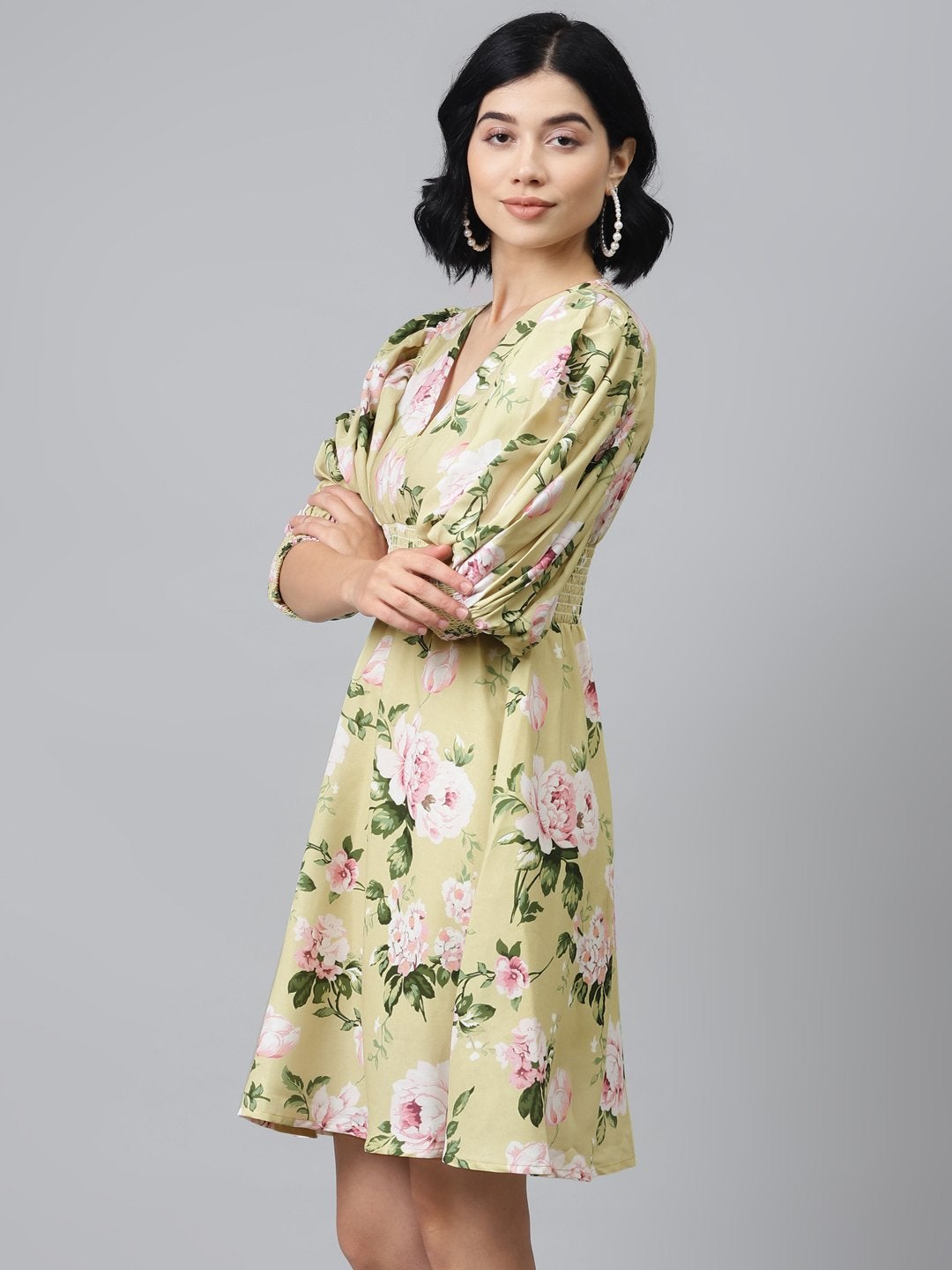 mint green smocked dress Mint Green Floral Print Smocked V-Neck Dress PinkBlush