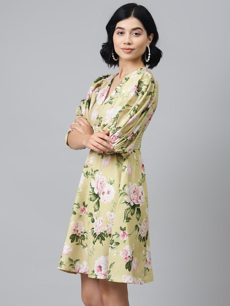 Women's Mint Green Floral Puff Sleeve Smocked Dress