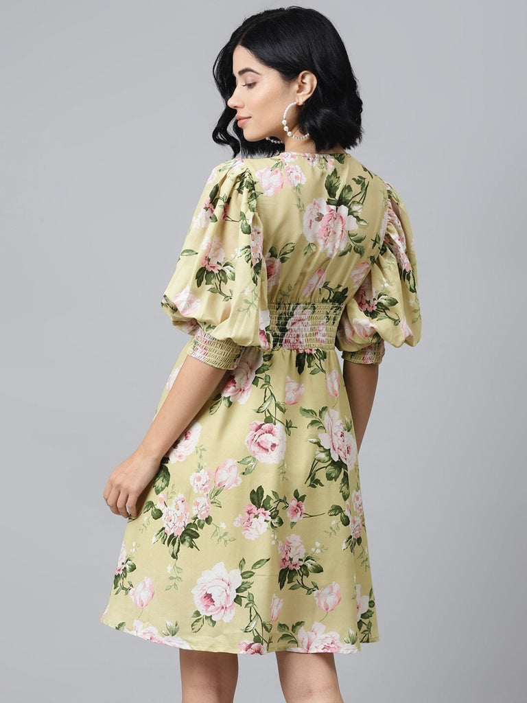 Women's Mint Green Floral Puff Sleeve Smocked Dress