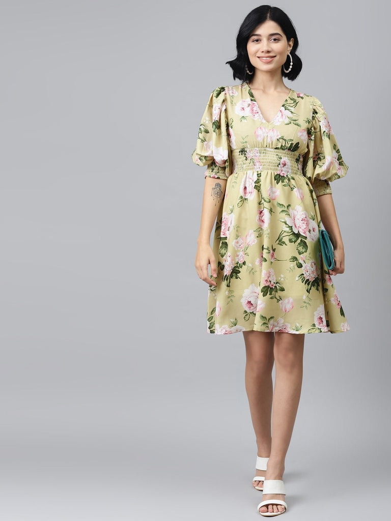 Women's Mint Green Floral Puff Sleeve Smocked Dress