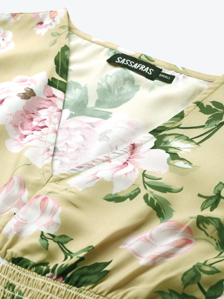 Women's Mint Green Floral Puff Sleeve Smocked Dress
