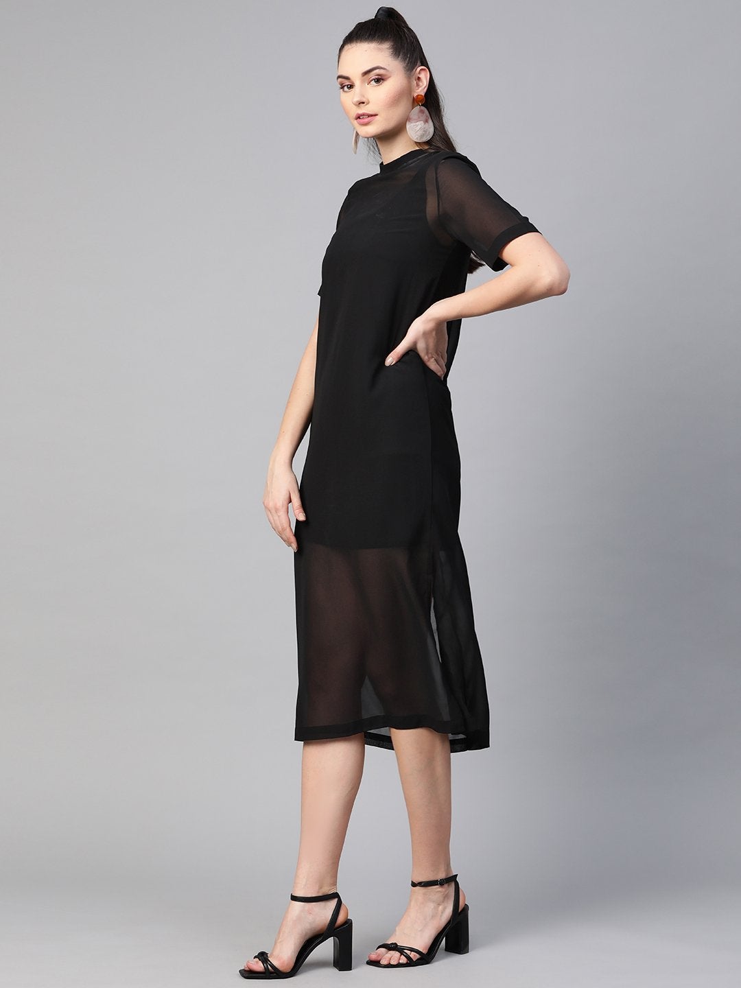 Women's Black Sheer Sheath Dress With Inner - SASSAFRAS