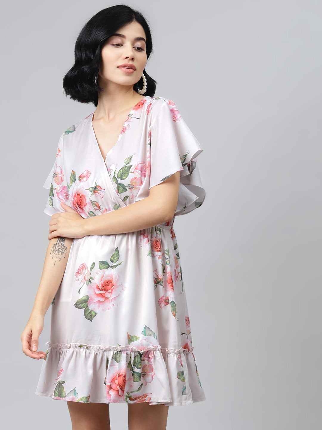 Women's Nude Floral Wrap Fit & Flare Dress - SASSAFRAS