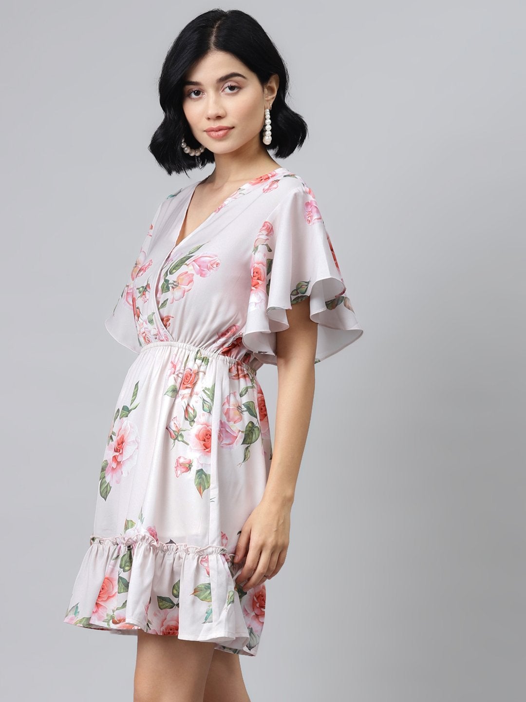 Women's Nude Floral Wrap Fit & Flare Dress - SASSAFRAS