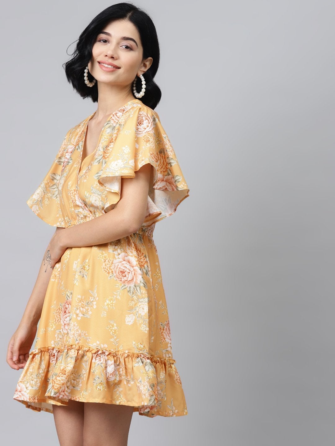 Women's Mustard Floral Wrap Fit & Flare Dress - SASSAFRAS