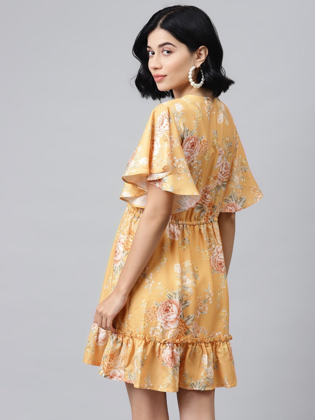 Women's Mustard Floral Wrap Fit & Flare Dress - SASSAFRAS