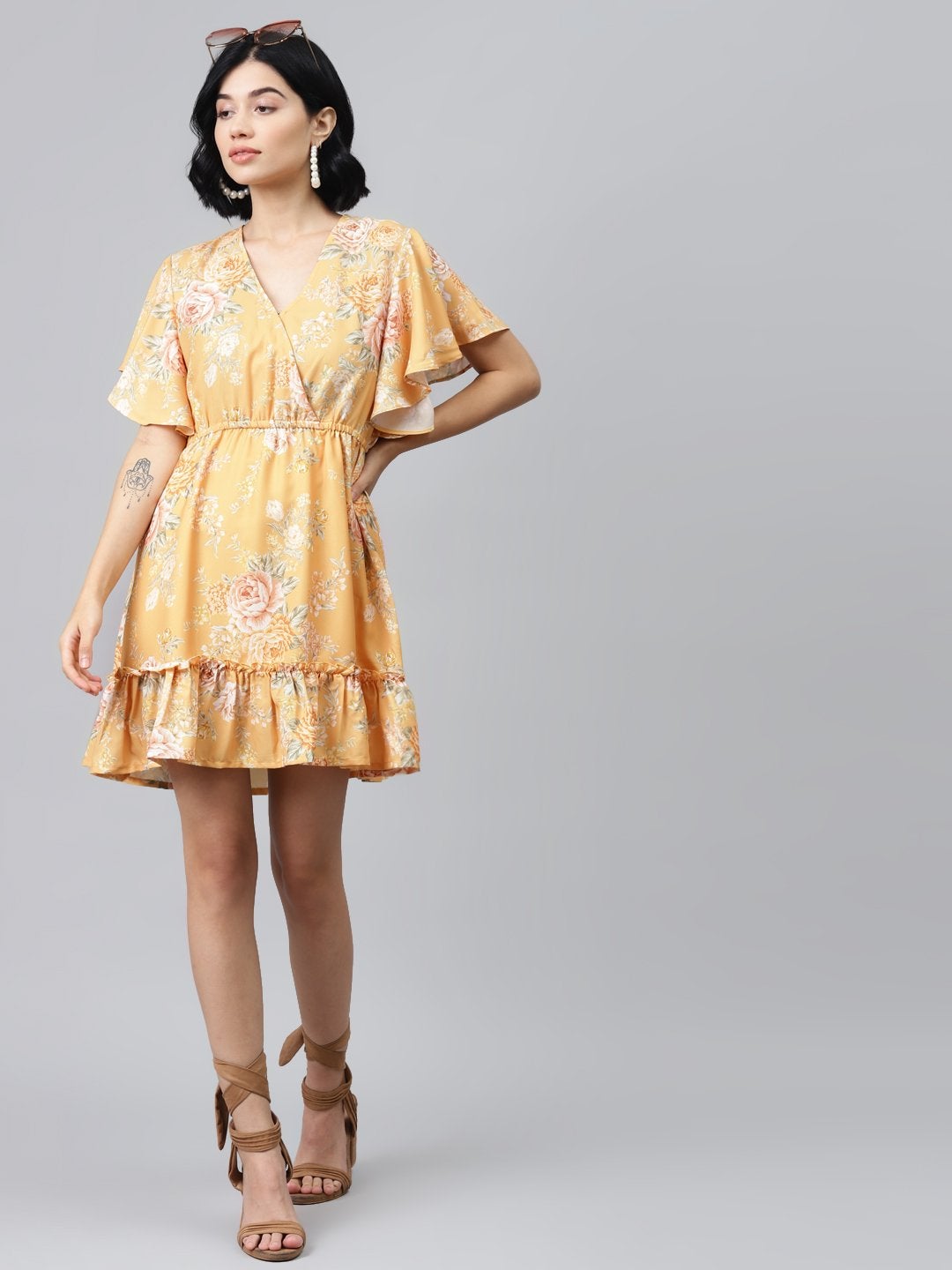 Women's Mustard Floral Wrap Fit & Flare Dress - SASSAFRAS