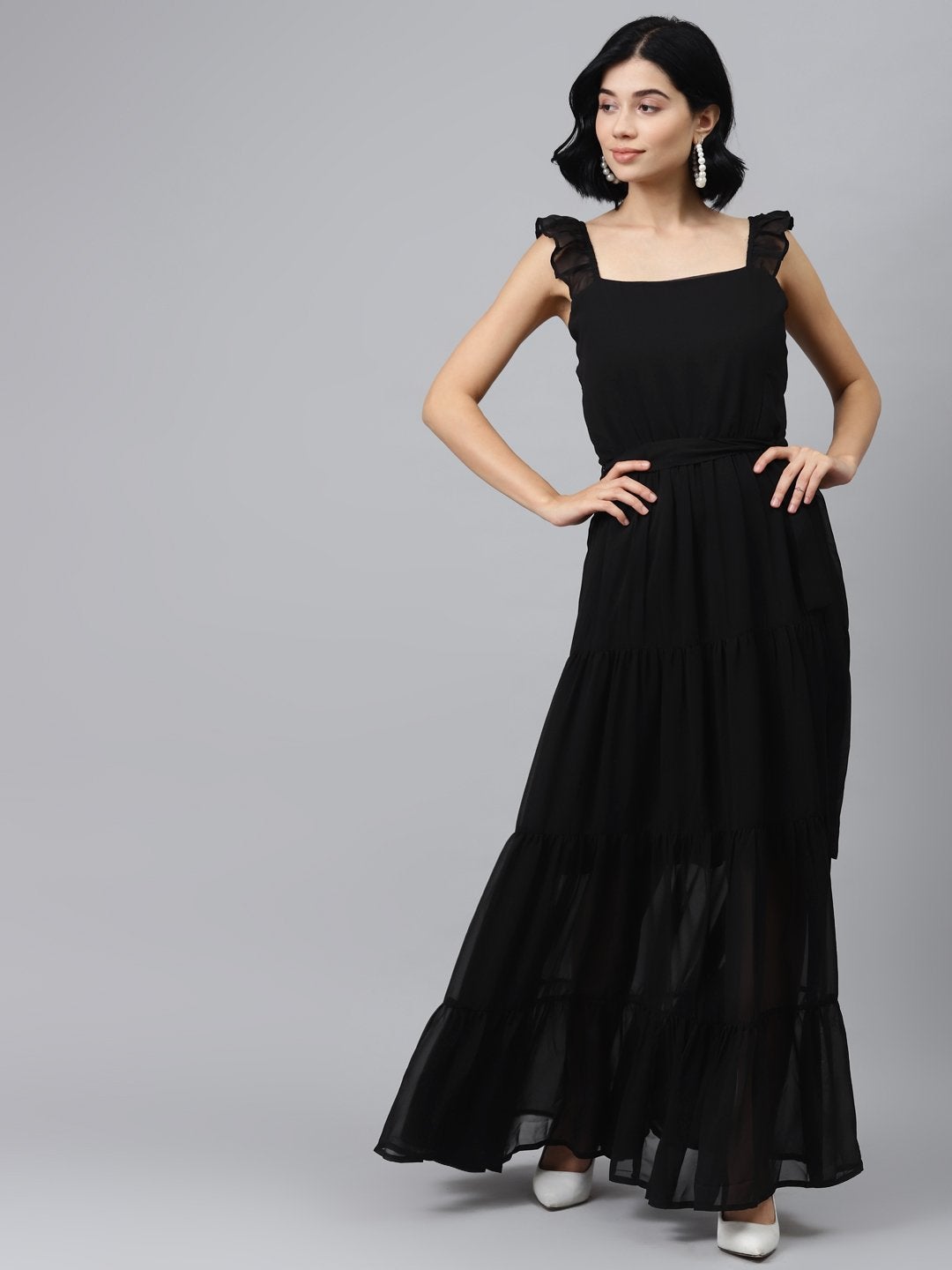 Women's Black Frilly Straps Tiered Maxi Dress - SASSAFRAS