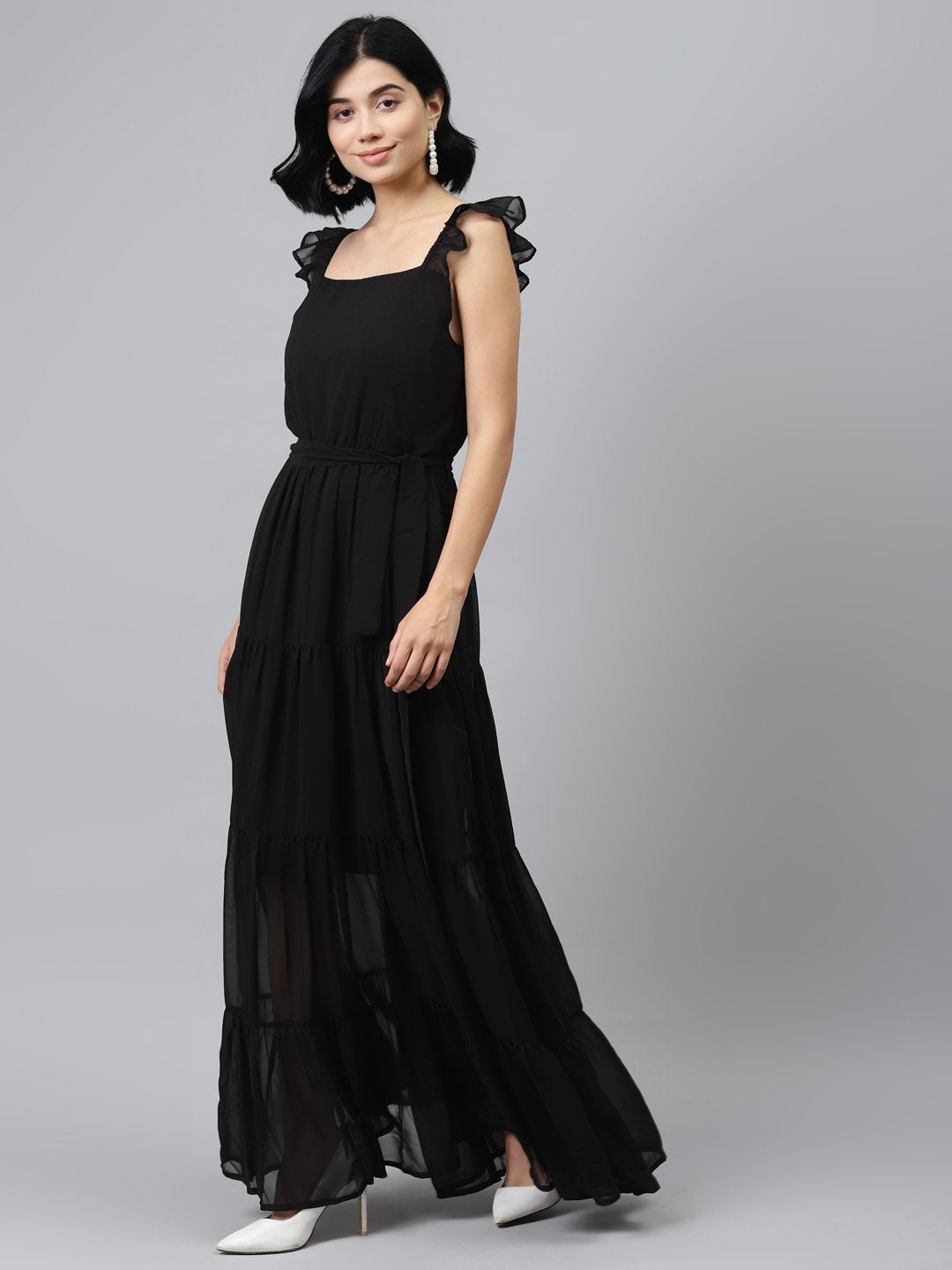 Women's Black Frilly Straps Tiered Maxi Dress - SASSAFRAS