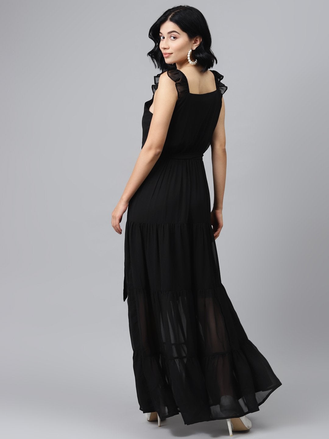 Women's Black Frilly Straps Tiered Maxi Dress - SASSAFRAS