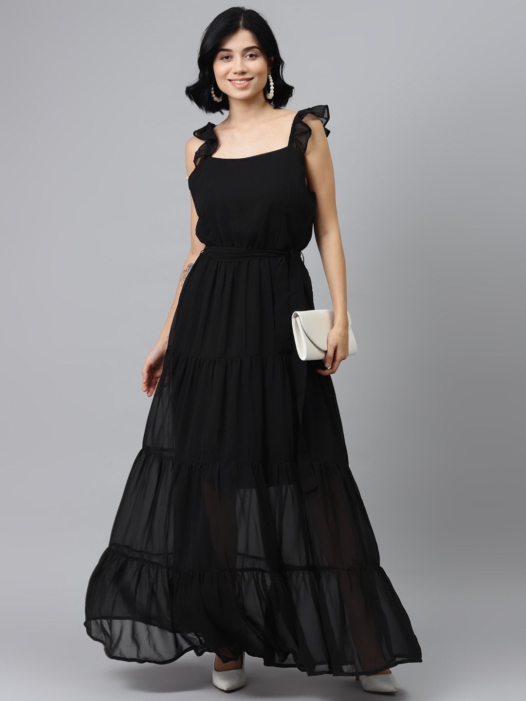 Women's Black Frilly Straps Tiered Maxi Dress - SASSAFRAS