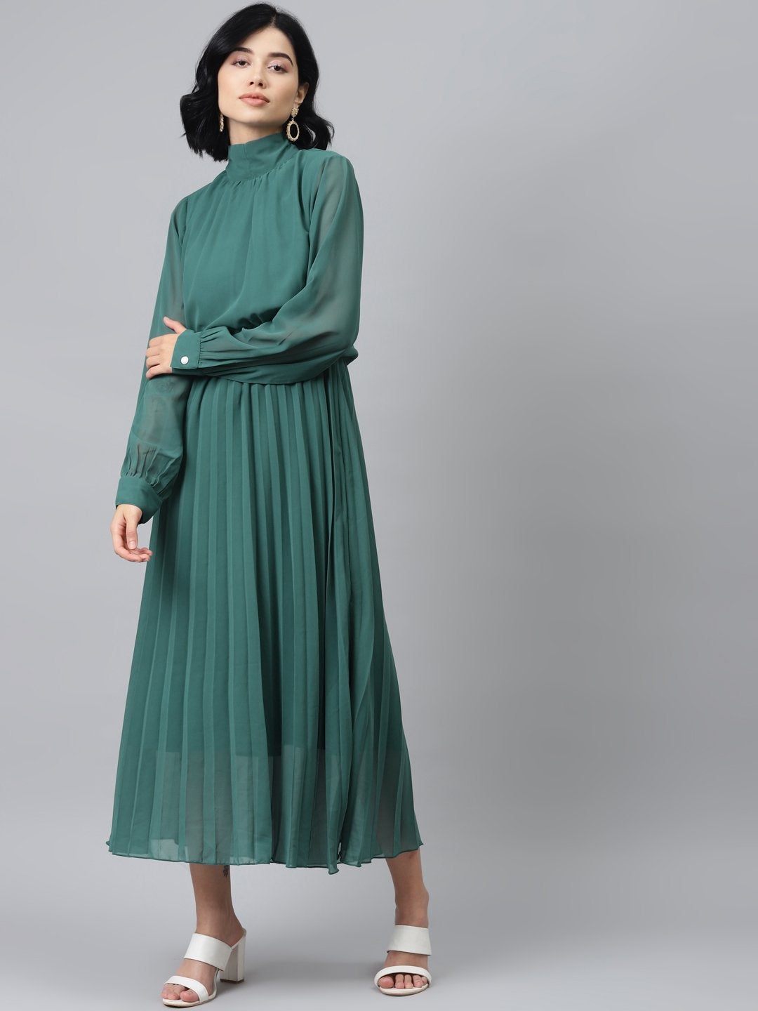 Women's Emerald Green Neck Tie-Up Pleated Dress - SASSAFRAS