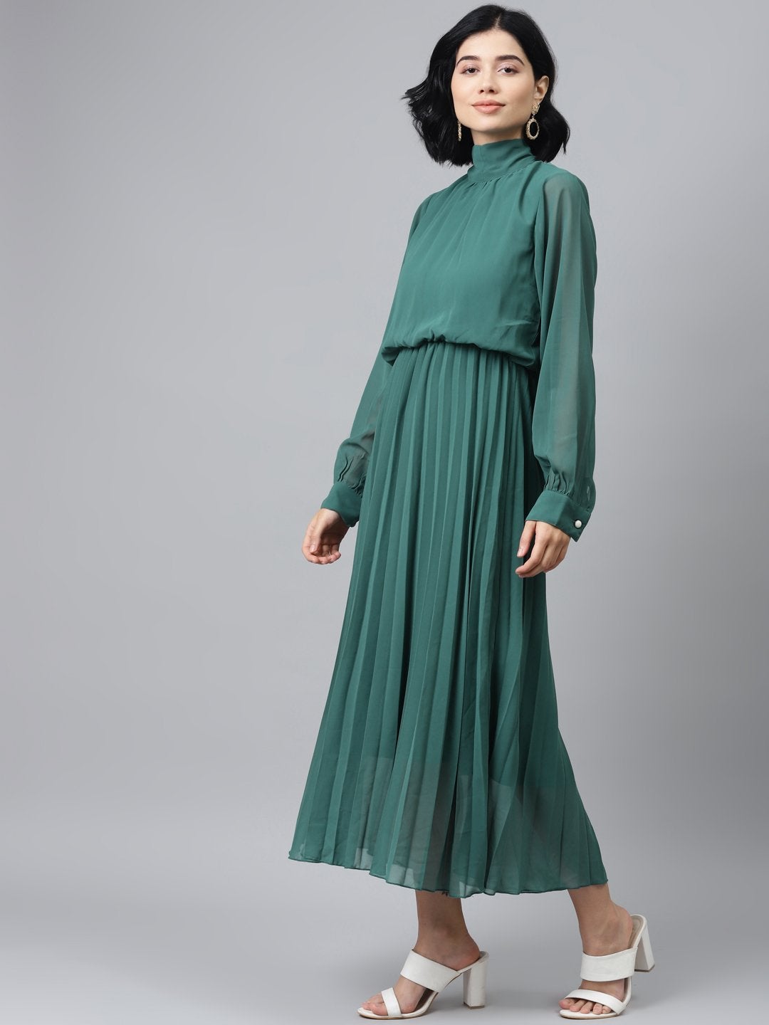 Women's Emerald Green Neck Tie-Up Pleated Dress - SASSAFRAS