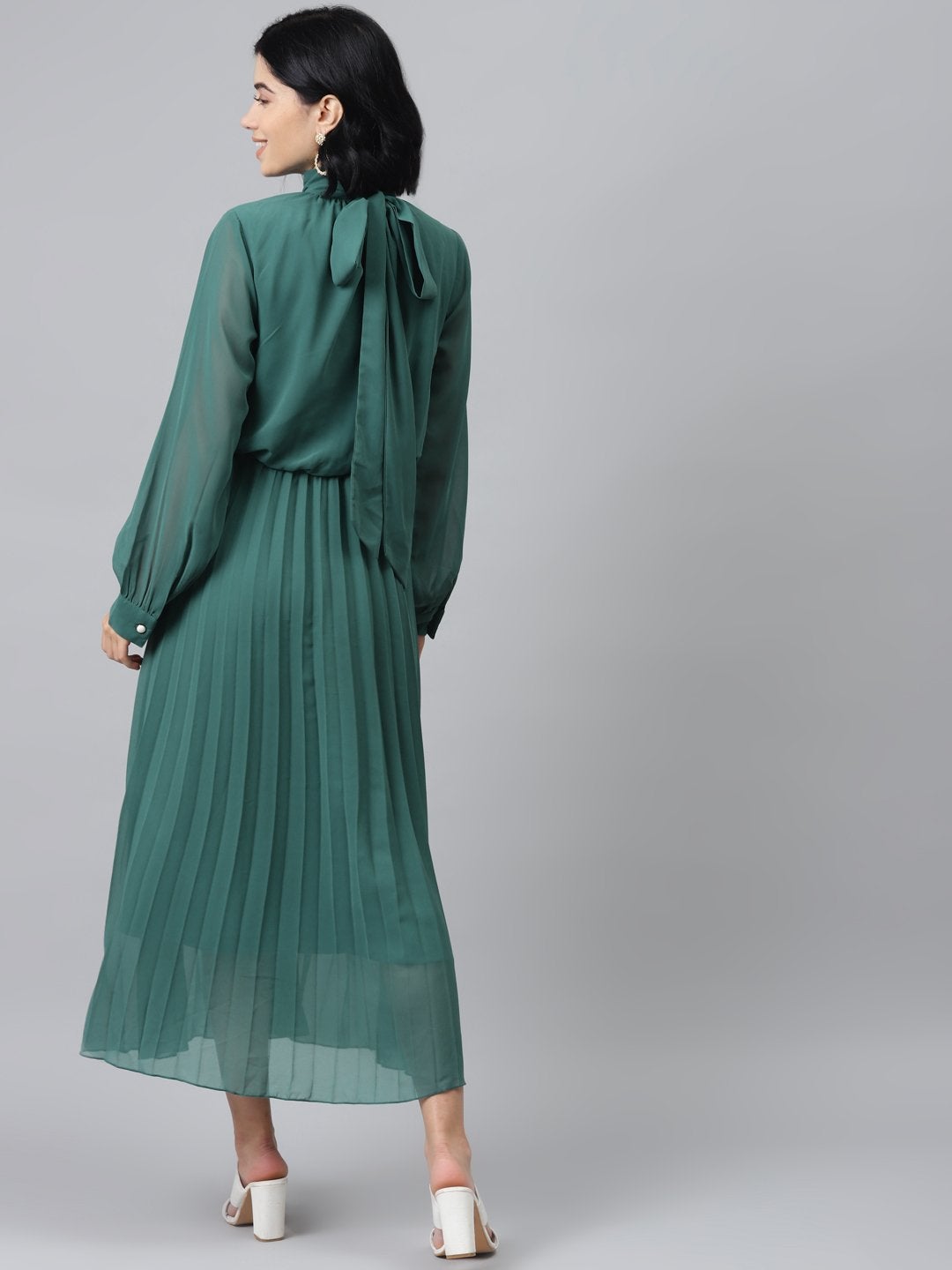 Women's Emerald Green Neck Tie-Up Pleated Dress - SASSAFRAS