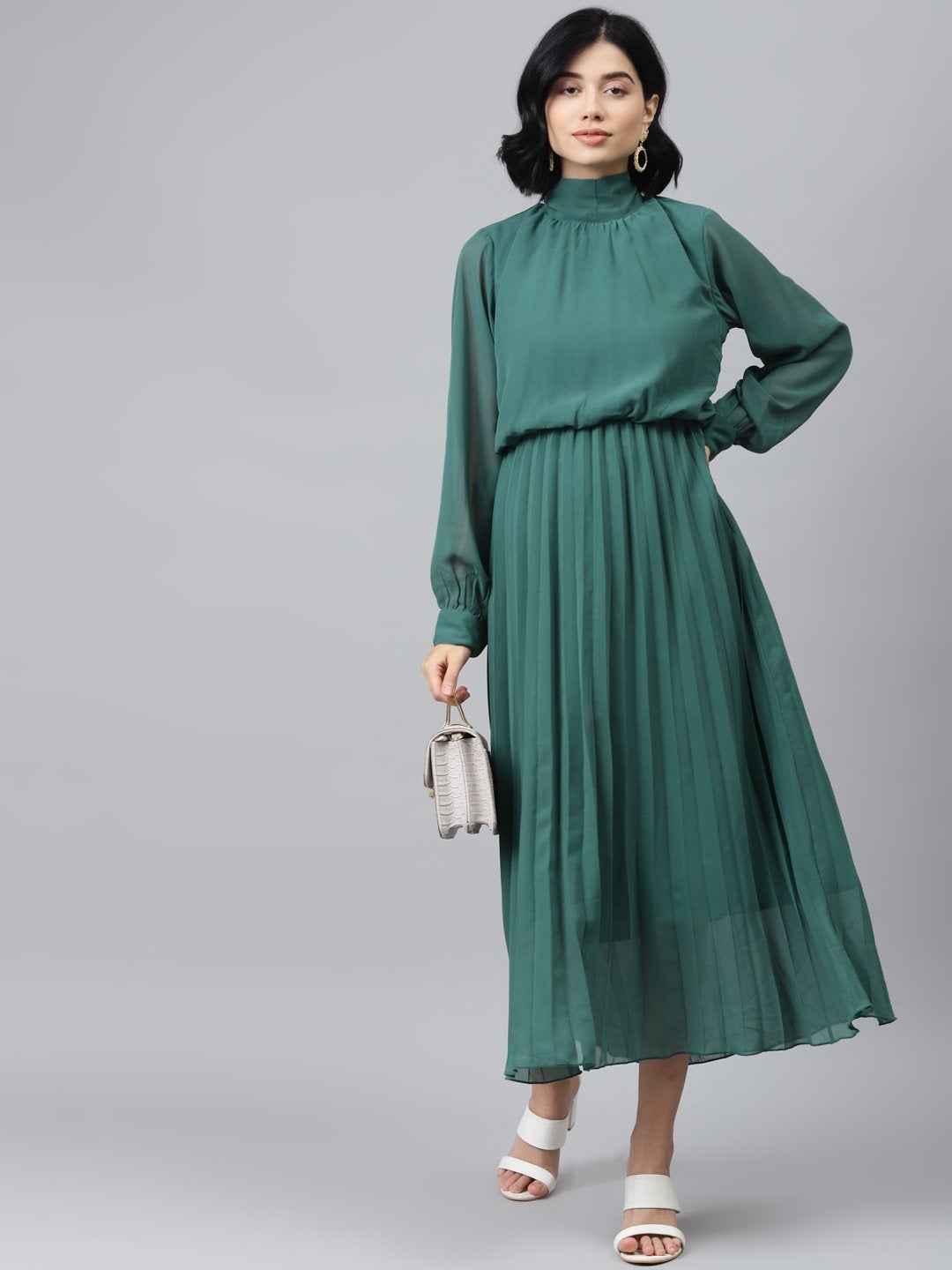 Women's Emerald Green Neck Tie-Up Pleated Dress - SASSAFRAS