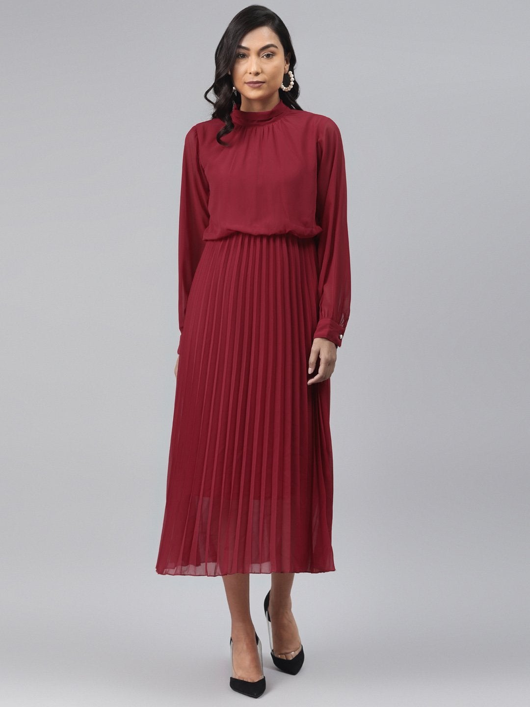 Women's Maroon Neck Tie-Up Pleated Dress - SASSAFRAS