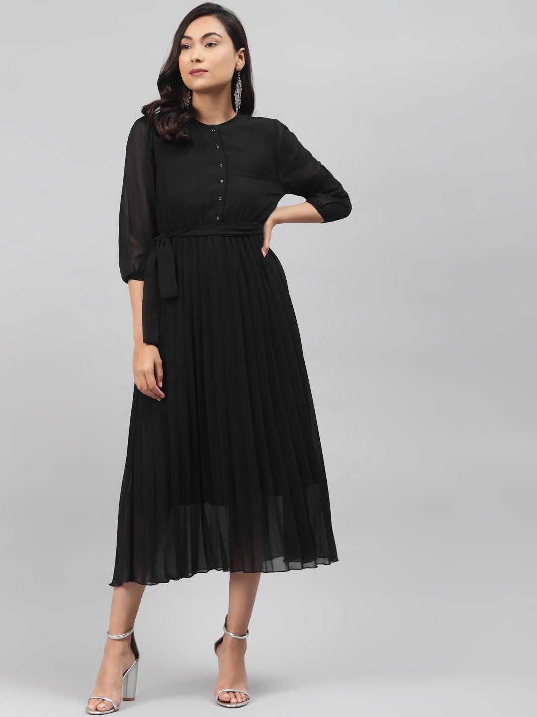 Women's Black Pleated Midi Dress - SASSAFRAS