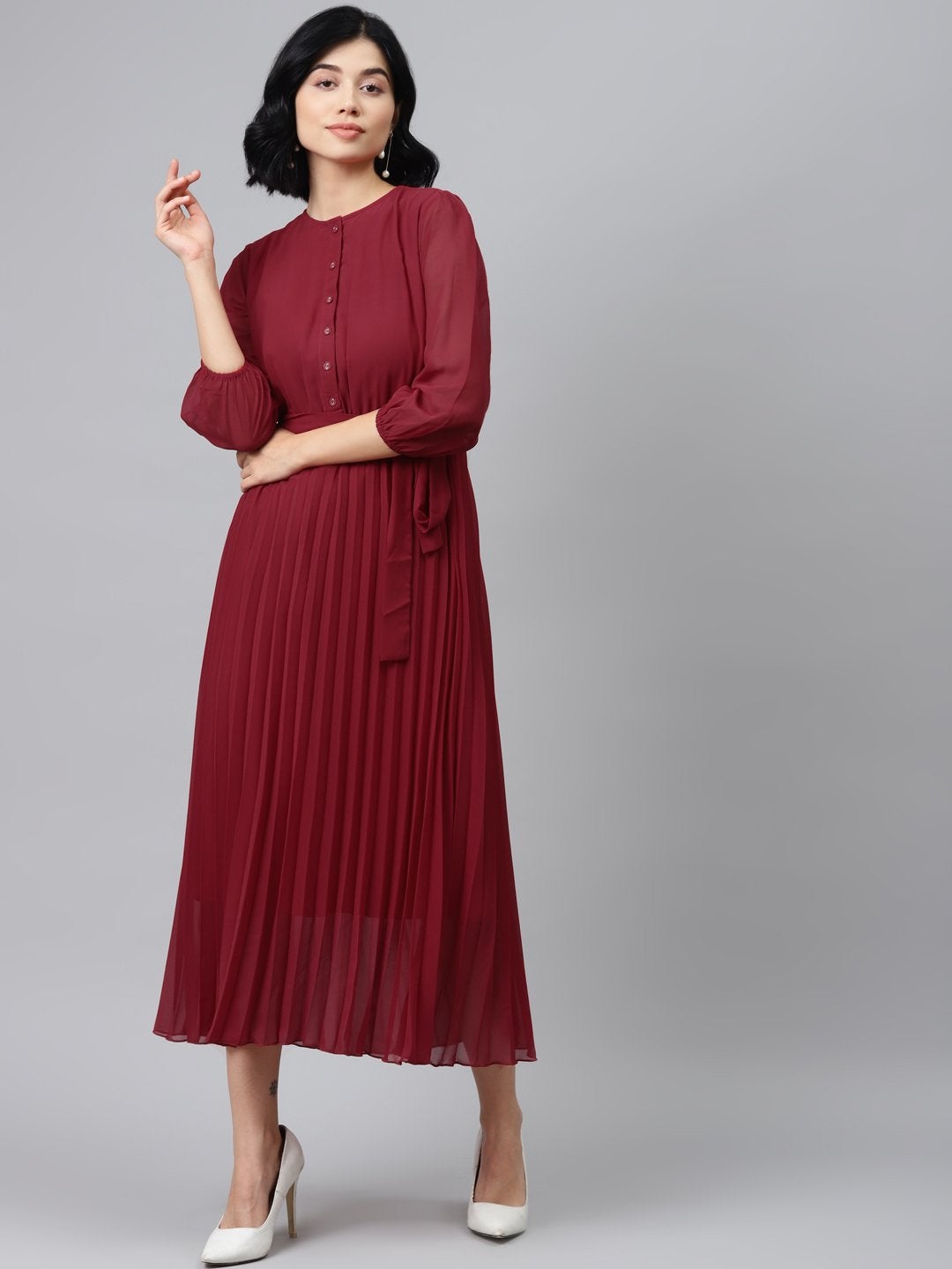 Women's Maroon Pleated Midi Dress - SASSAFRAS