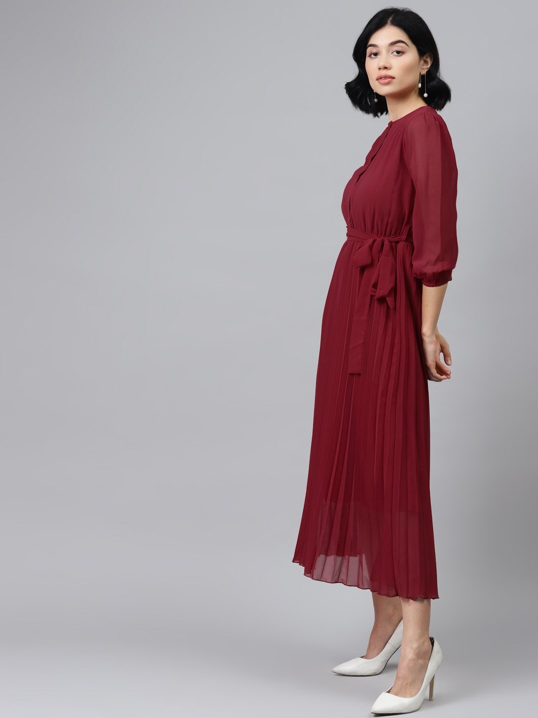 Women's Maroon Pleated Midi Dress - SASSAFRAS